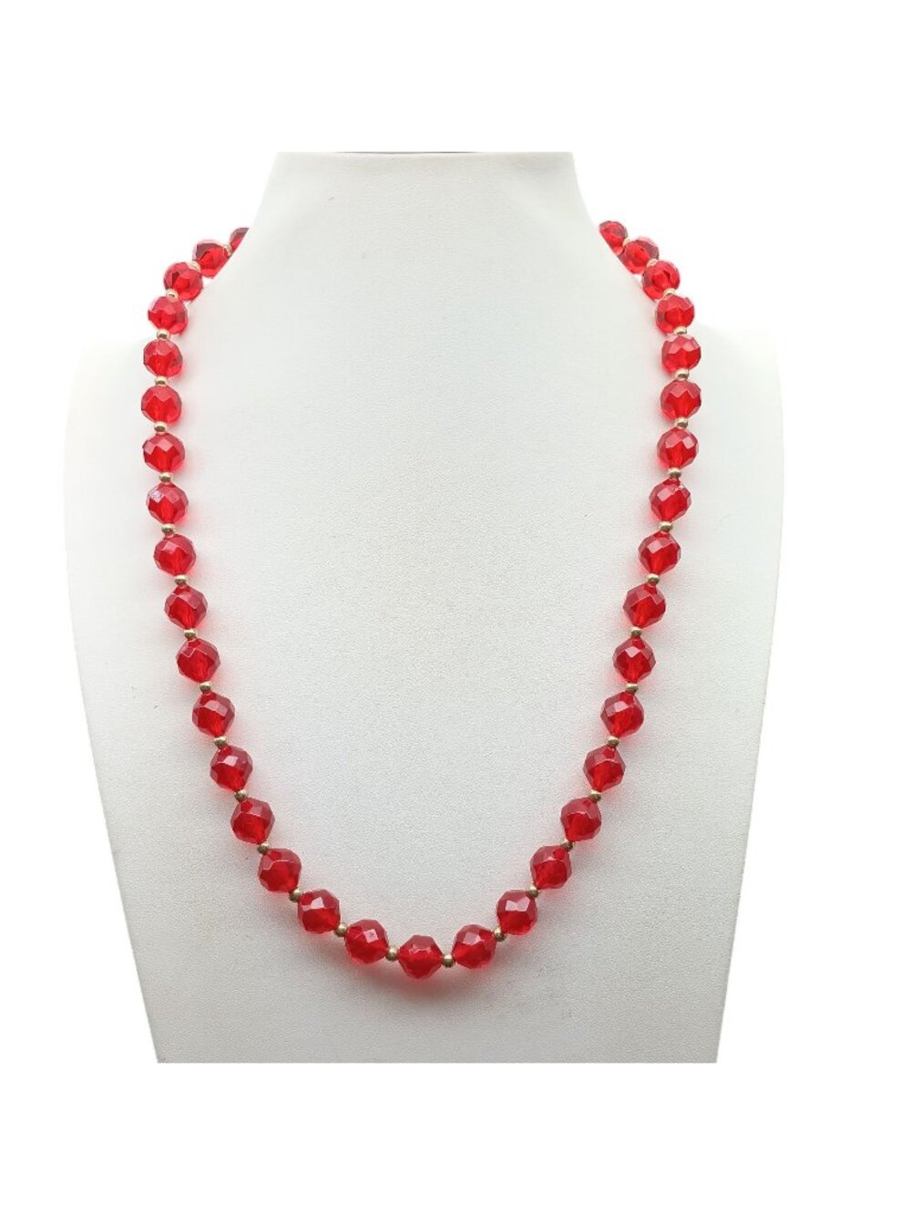 Vintage Red Faceted Bead Necklace With Gold-Tone Accents 24-Inch Length Classic